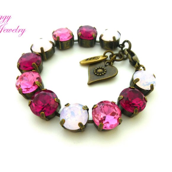 Large Stone Pink Crystal Tennis Bracelet in Antique Brass Finish, 11mm Crystals - Picture 4 of 6